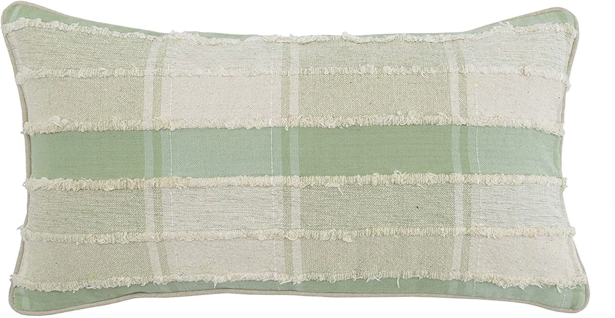Benzara BM228605 Fabric Throw Pillow with Plaid Pattern and Shag Stripe Accents, Green