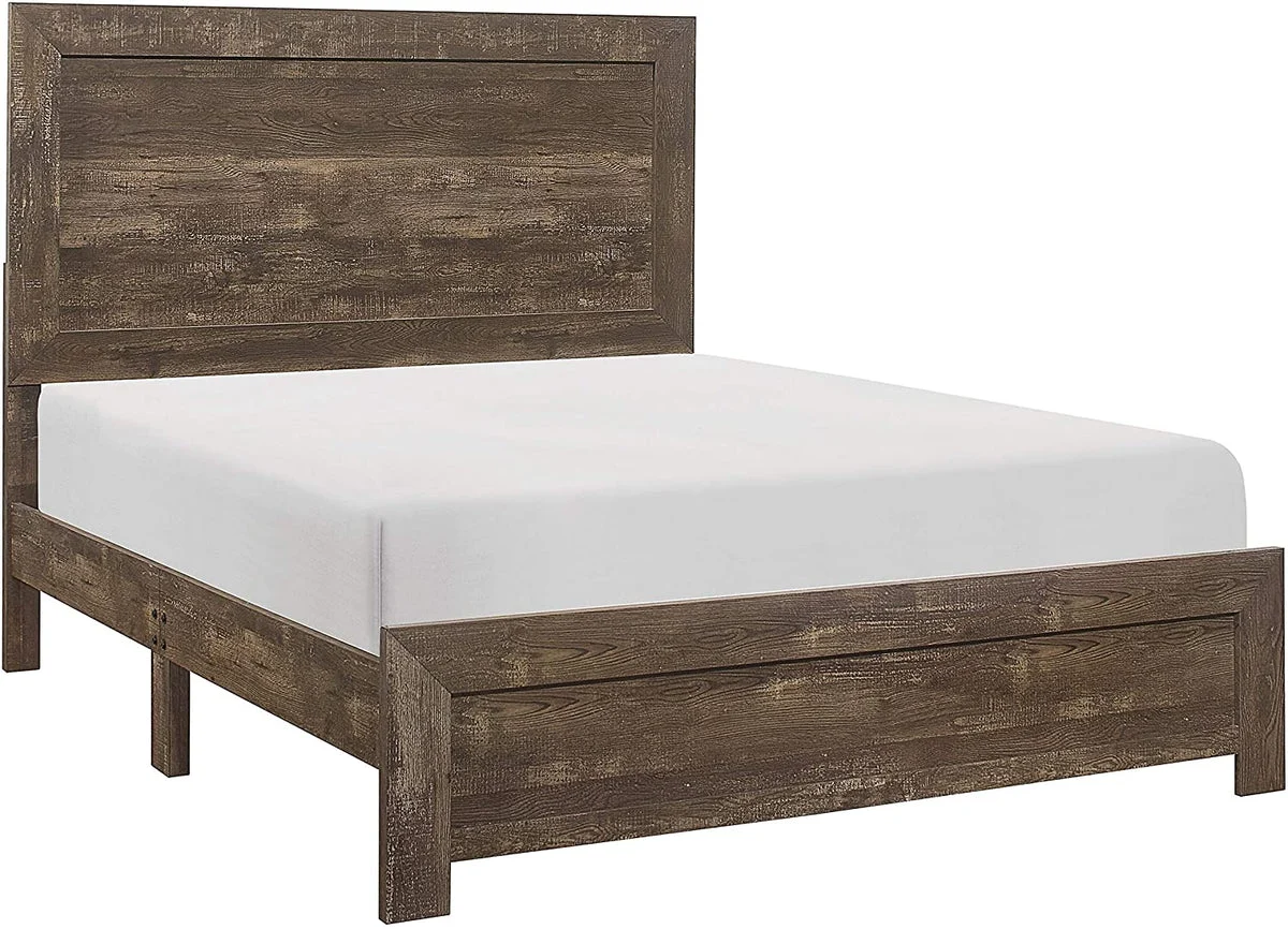Benzara Rustic Panel Design Wooden Full Size Bed with Block Legs Support, Brown