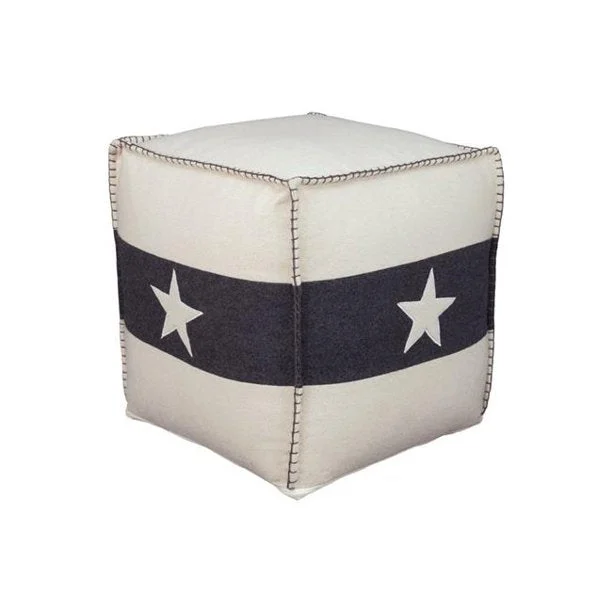 Benzara Square Shaped Pouf with Hand Quilting and Star Design, White and Black