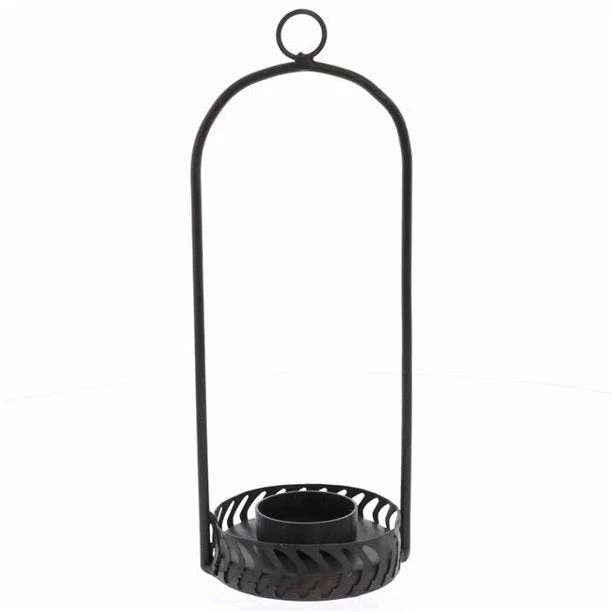 Benzara BM209856 Industrial Style Metal Frame Hanging Glass Hurricane, Black and Clear