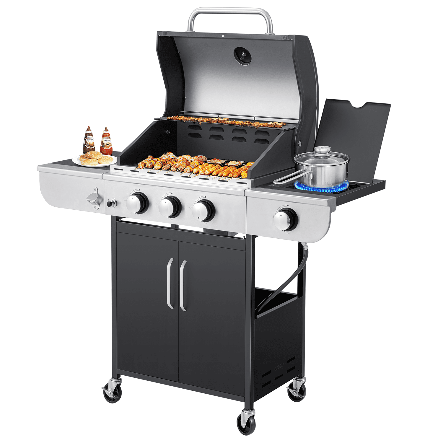 Yoleny 3 Burner BBQ Propane Gas Grill,24,000/36,000 BTU Stainless Steel with Stove and Side Table