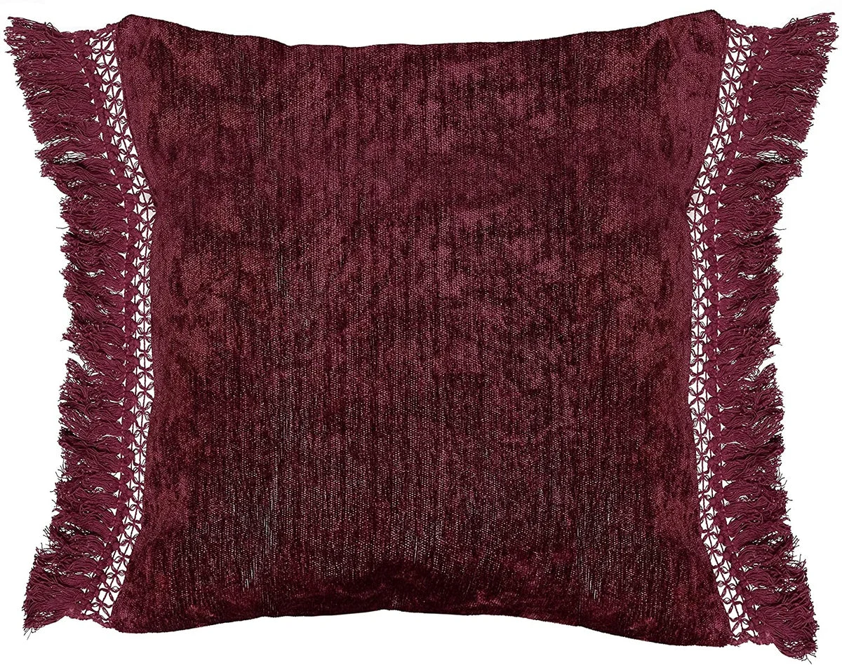 Benzara BM228769 Fabric Wrapped Throw Pillow with Textured Design and Fringes, Red