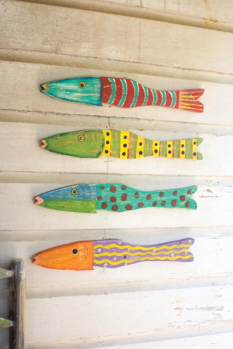 Recycled Wood Folk Art Fish 24"H – Handcrafted Rustic Wall Decor, Set of 4 By Kalalou