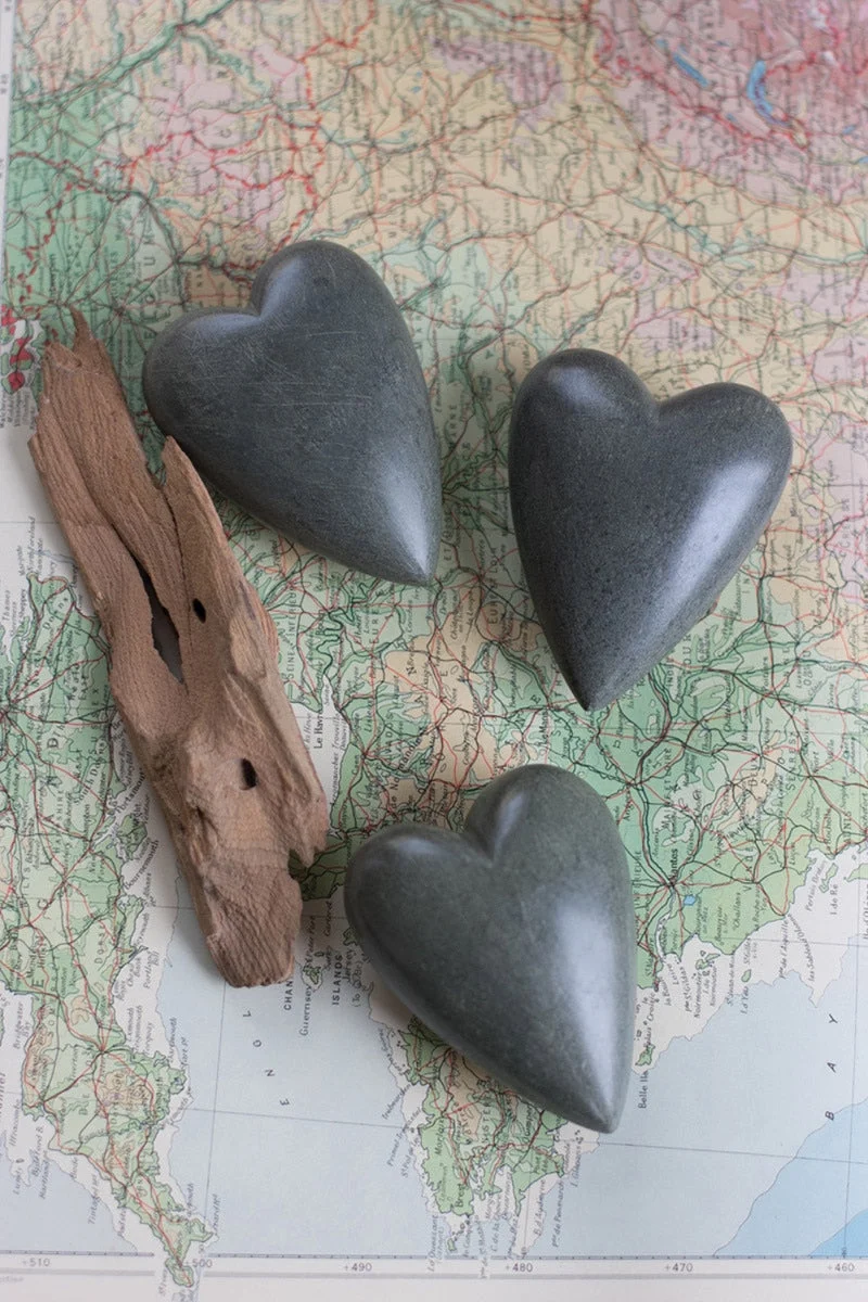 Hand-Carved Stone Hearts – Set of Six 3" Wide Dark Grey Accents by Kalalou