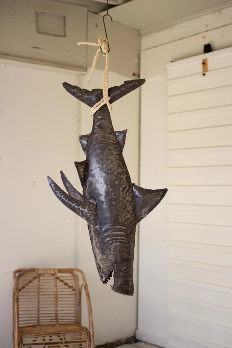 Metal 3D Shark with Sisal Rope, 45" Long, Recycled Hand-Hammered Brown Distressed Finish By Kalalou