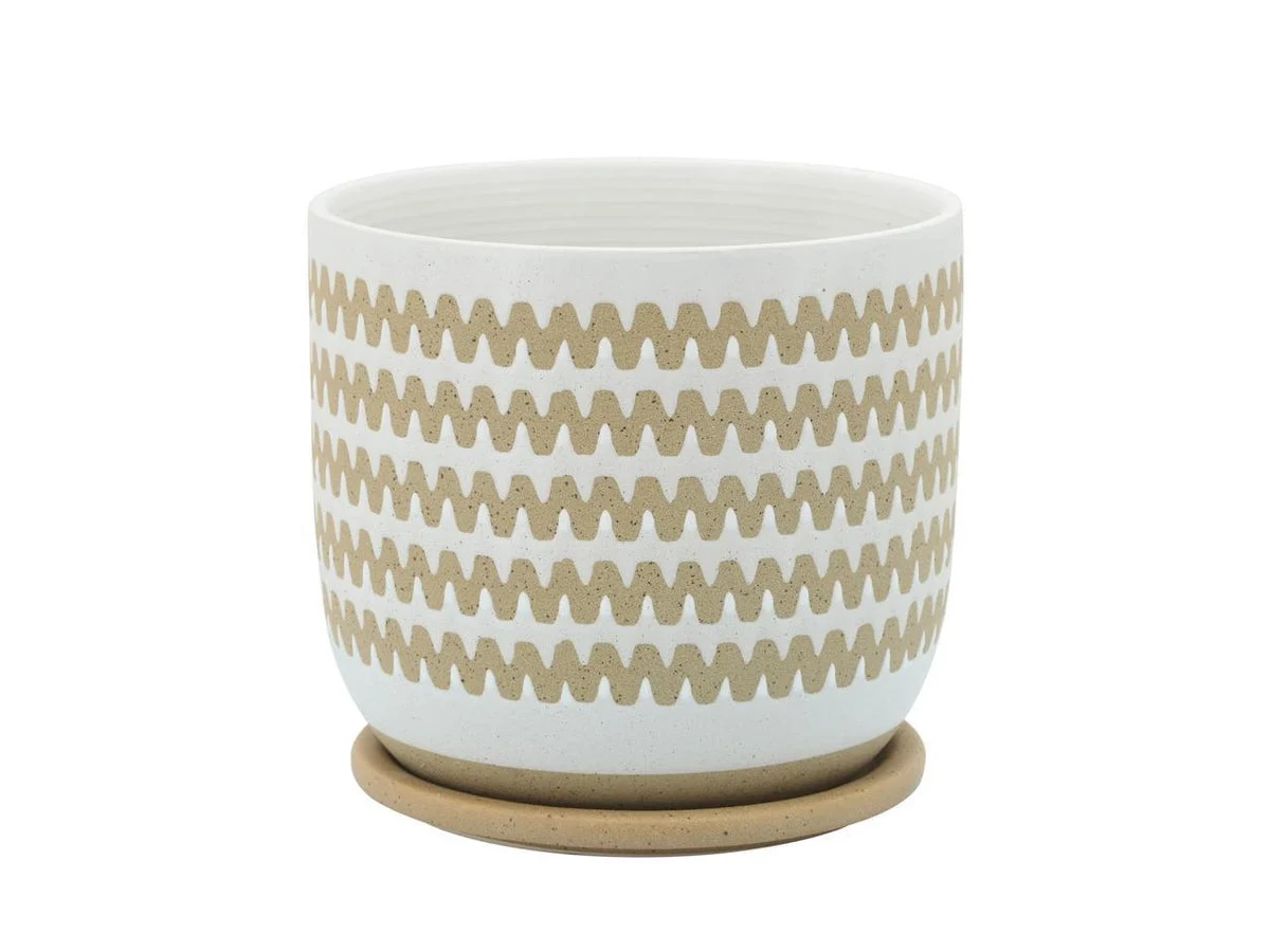 Sagebrook Home 16108-03 8" Zig-Zag Planter with Saucer, White