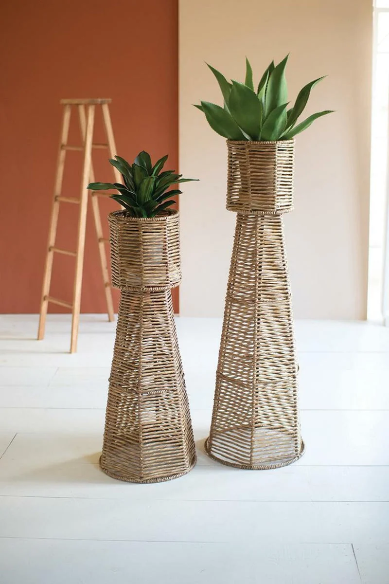 Seagrass and Iron Planter Towers – Set of 2 – 50" and 40" Tall by Kalalou