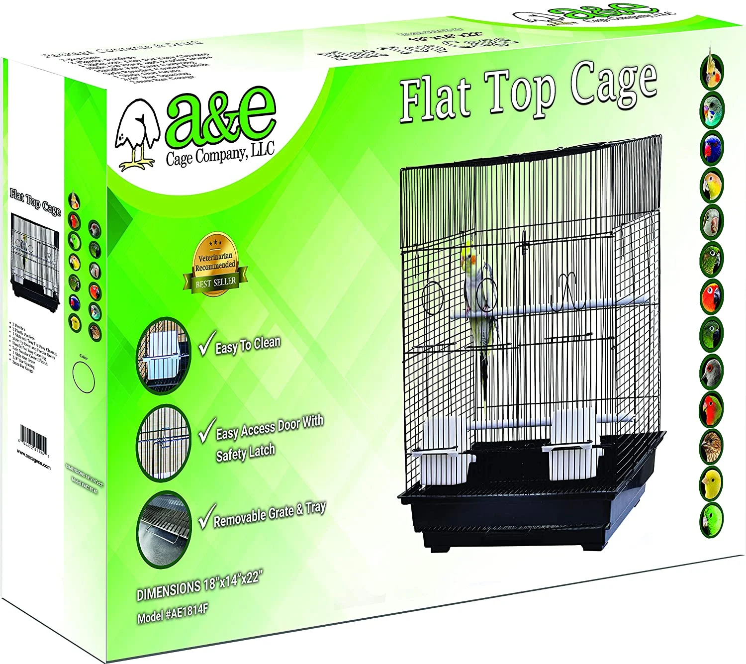 A&E Cage Co. Small Bird Flat Top Cage, 18″x14″, Black