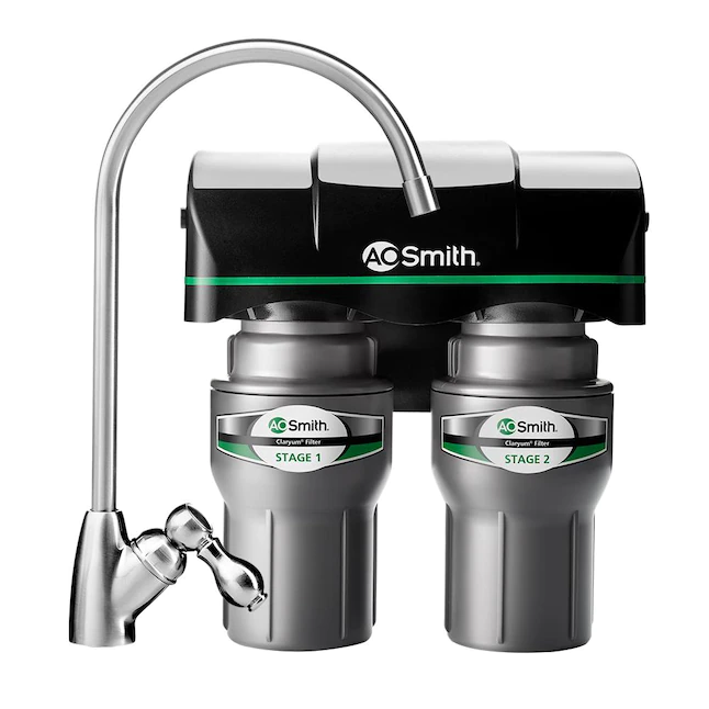 AO Smith 2-Stage Under Sink Clean Water Faucet Filter – NSF Certified Carbon Block Drinking Water Filtration System – AO-US-200