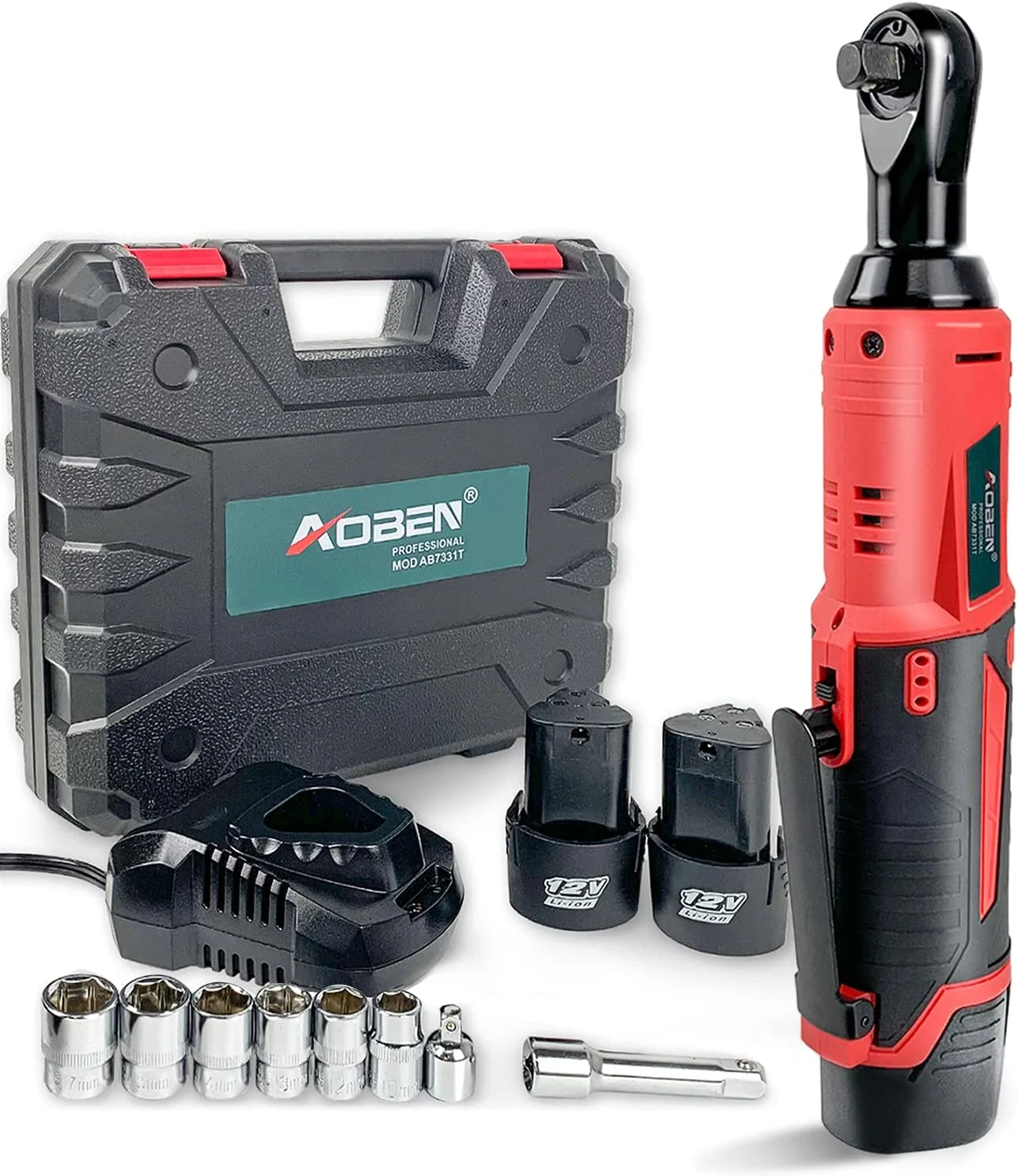 AOBEN Cordless Electric Ratchet Wrench Set, 3/8″ 12V Power Ratchet Tool Kit With 2 Packs 2000mAh Lithium-Ion Battery And Charger
