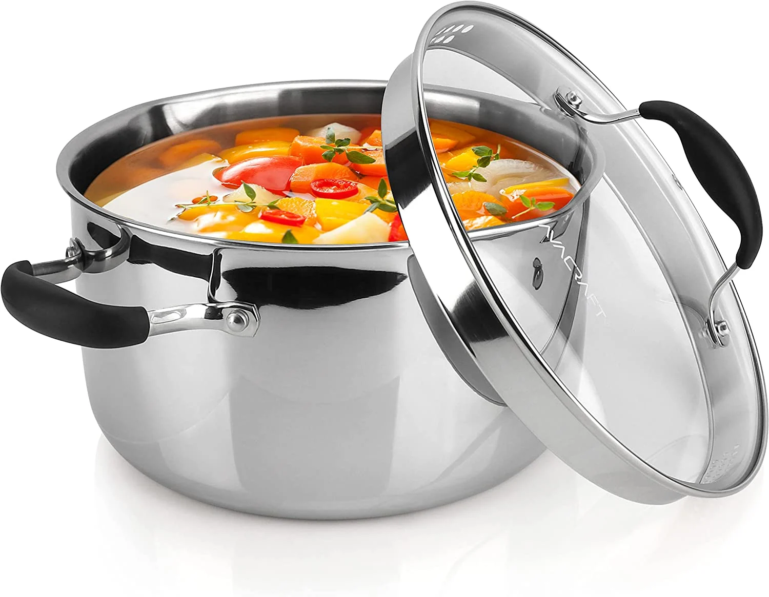 AVACRAFT Tri-Ply Stainless Steel Stockpot with Glass Strainer Lid, Side Spouts, 6 Quart Pot, Multipurpose Stock Pot, Sauce Pot (Tri-Ply Full Body, 6 QT)