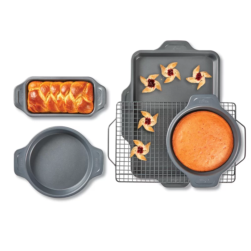 All-Clad J2575S64 Pro-Release Nonstick Bakeware Set including Half Sheet Pan, Cooling & Baking Rack, Round Cake Pan, Loaf Pan, 5 piece, Gray