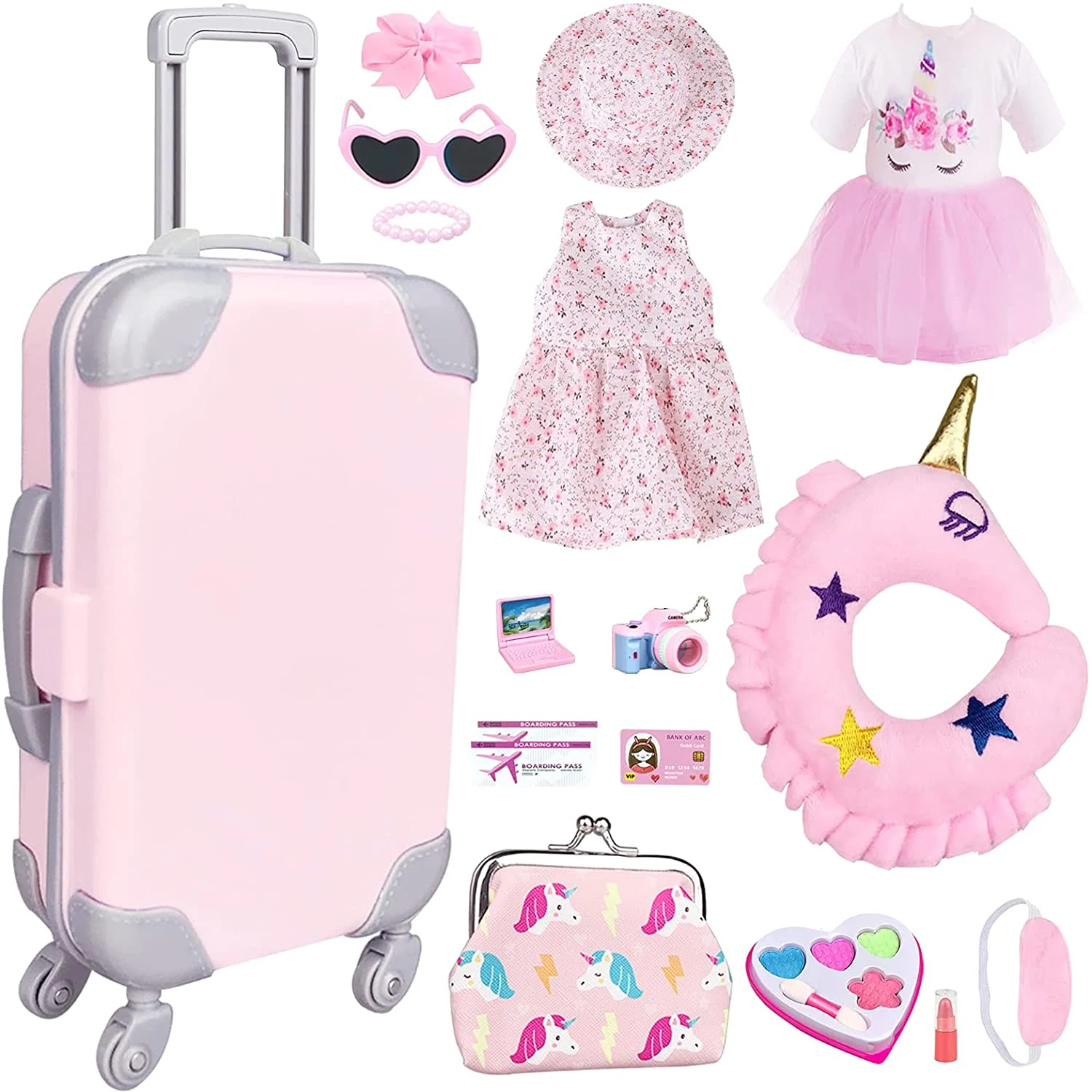 American Doll Accessories Case Luggage Travel Play Set for 18 Inch Dolls, 17 PCS