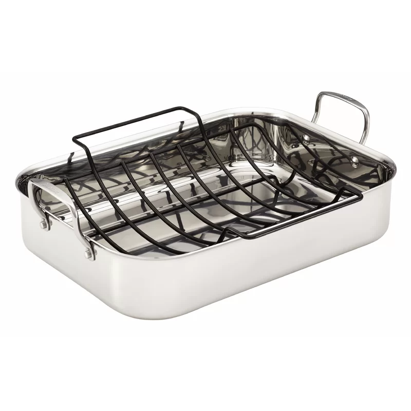 Anolon 30834 Triply Clad Stainless Steel Roaster / Roasting Pan with Rack – 17 Inch x 12.5 Inch, Silver
