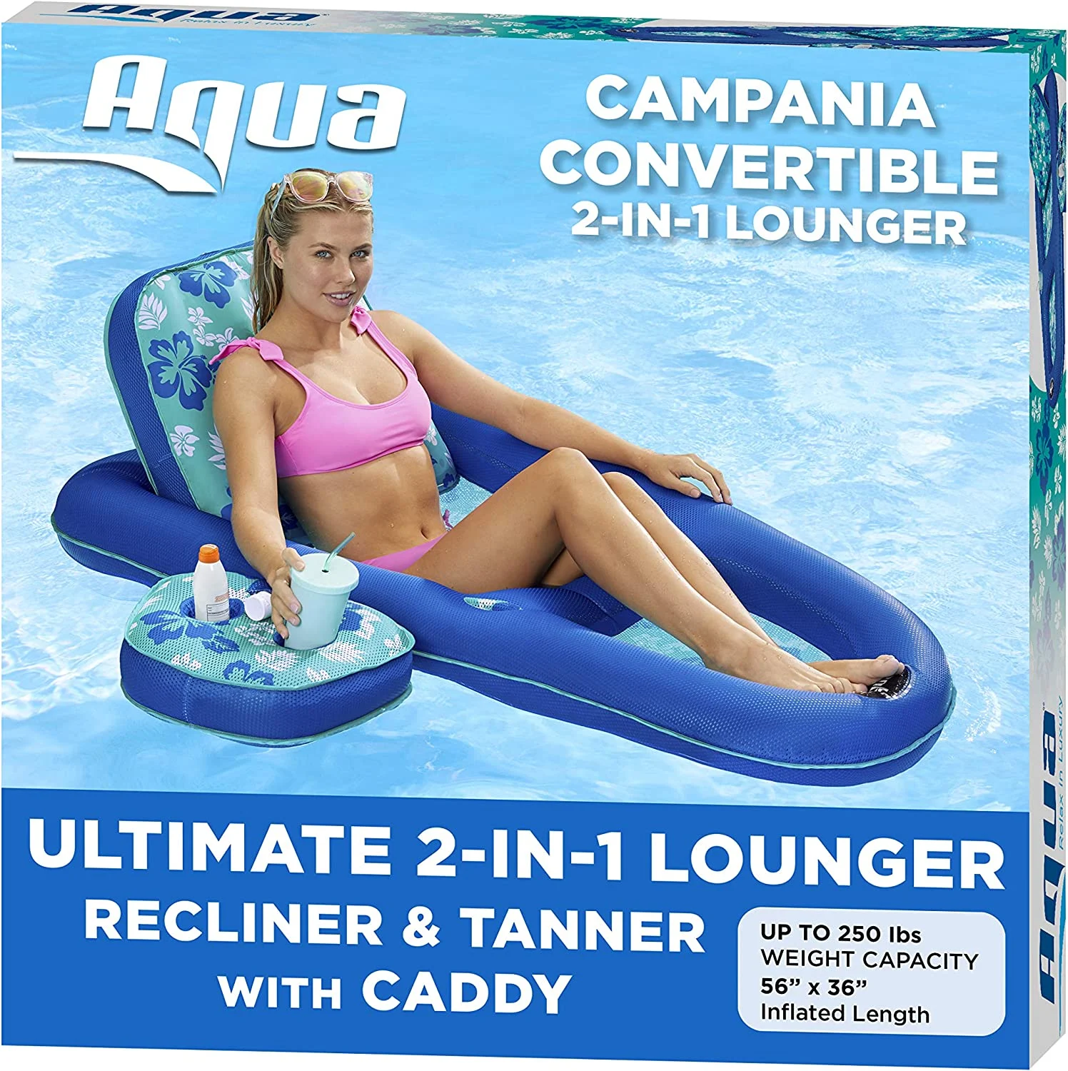 Aqua Campania Ultimate 2-in-1 Pool Float Lounge – Extra Large – Inflatable Pool Floats for Adults with Adjustable Backrest & Cupholder Caddy – Teal Hibiscus