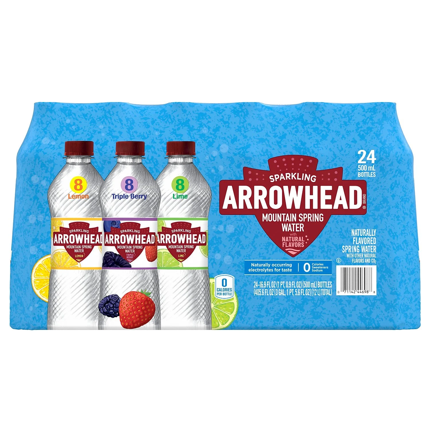 Arrowhead Sparkling Water, Variety: Pomegranate Lemonade, Triple Berry, and Lime, 16.9 oz. Bottles, 24/Carton (12349681)