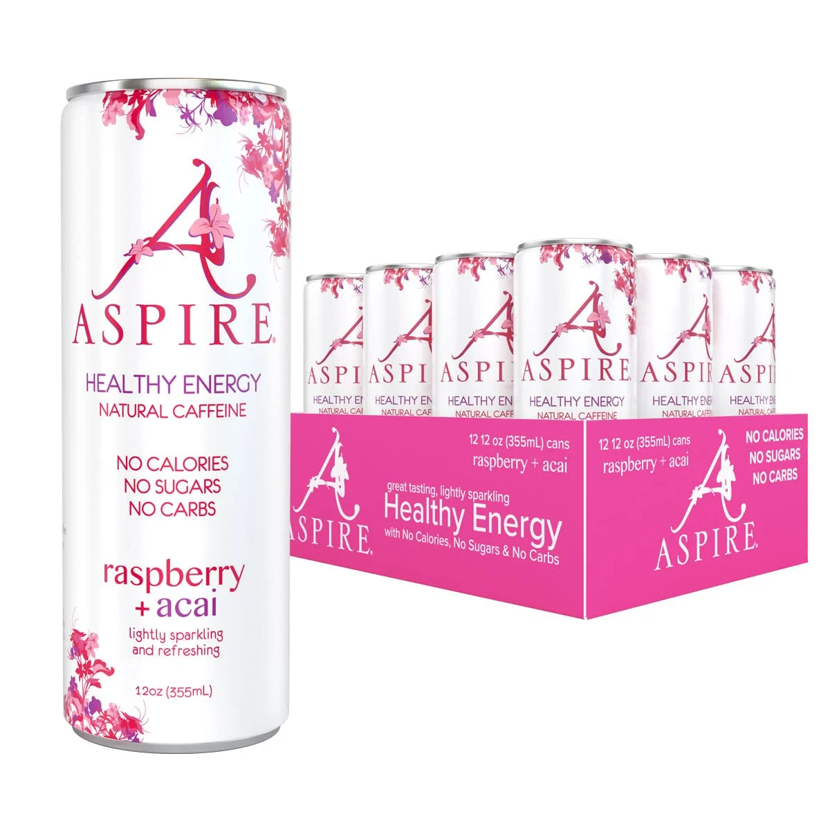 Aspire Healthy Energy, Raspberry Acai, Sugar Free Energy Drink,12 oz Cans, 80 mg of Natural Caffeine, Zero Sugar, Coffee Substitute, Vitamins B & C, Keto, Vegan, and Kosher Friendly (Pack of 12)