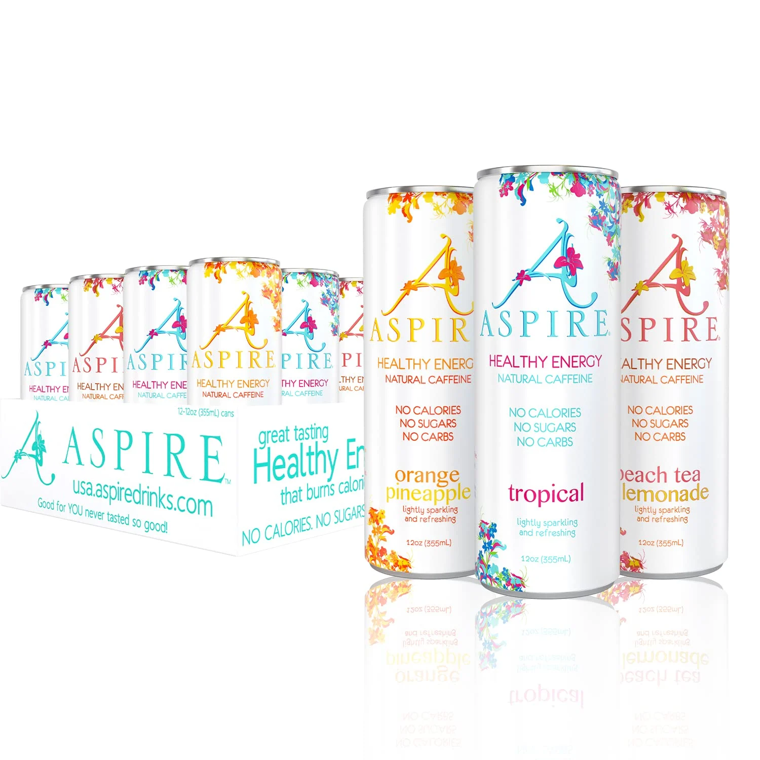 Aspire Sugar-Free Healthy Energy Drink, Natural Caffeine, Coffee Substitute, Vitamins B & C, Tropic Variety Pack, 12 oz Cans (Pack of 12)