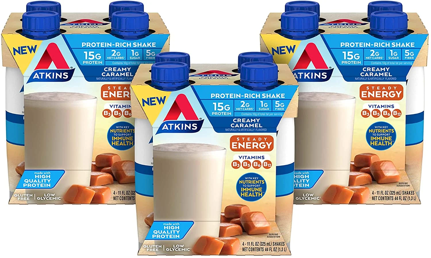 Atkins Energy Shake Creamy Caramel, Keto-Friendly 4 Count (Pack of 3)
