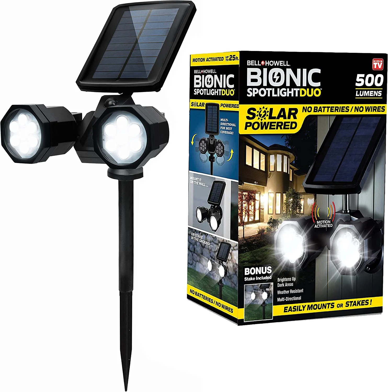 BELL + HOWELL Bionic Lighting 500-Lumen 6-Watt Black Solar LED Spot Light Motion Sensor – LED Lights Super Bright Waterproof Landscape Spotlights for Patio Yard Garden