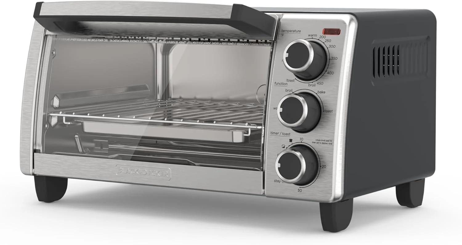 BLACK+DECKER TO1756SB 4-Slice Toaster Oven, Even Toast, 4 Cooking Functions Bake, Broil, Toast and Keep Warm, Removable Crumb Tray, Timer