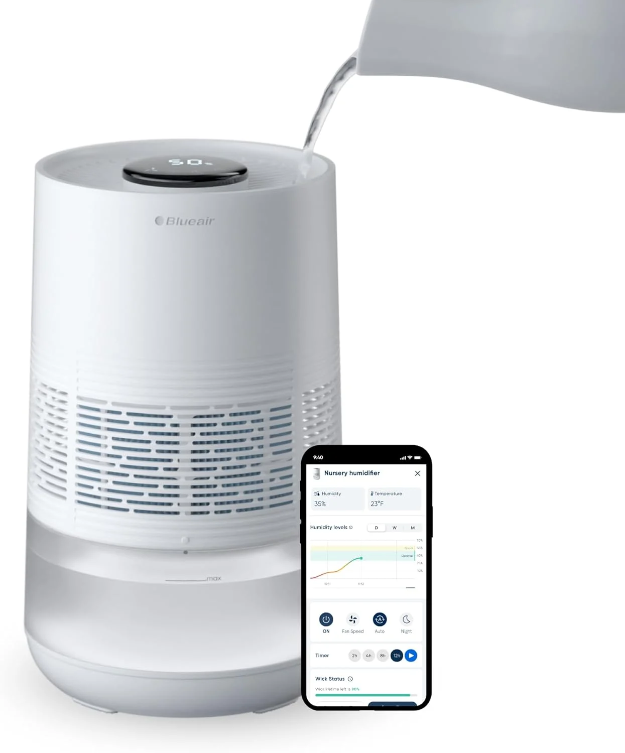 BLUEAIR Premium Smart Humidifier for Large Rooms, Bedrooms, Better Sleep with Evaporative Invisible Mist Tech, Auto Humidify, Easy Top Fill, Smart Control with App, Touchscreen, 3.5L Tank for 48 hours
