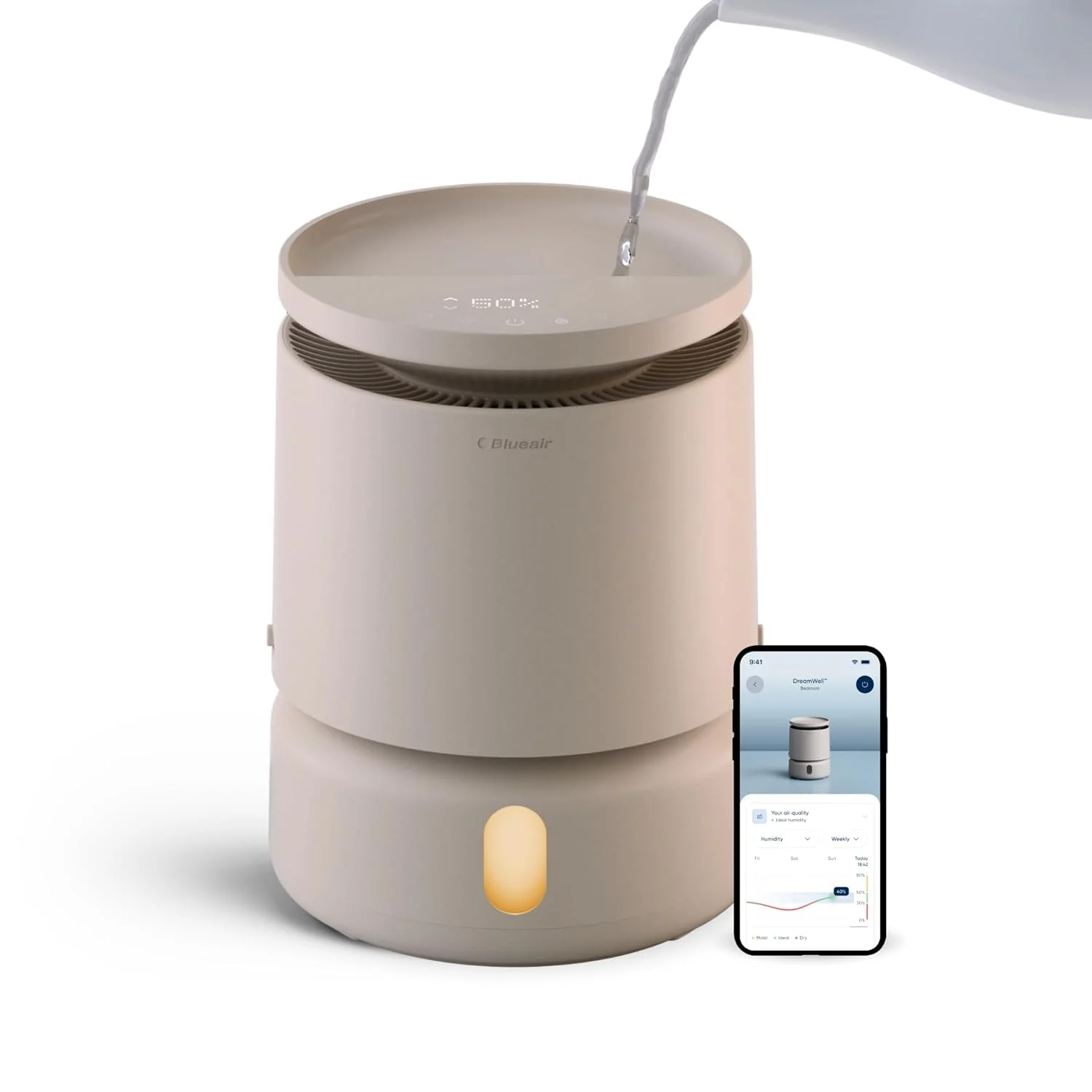 BLUEAIR Room Humidifier – DreamWell – 48Hr Top-Fill Mist-Free InvisibleMist Technology Aroma Stone for Essential Oils and Soothing Mood Lighting – Quiet Operation for Bedroom and Home Use, Beige