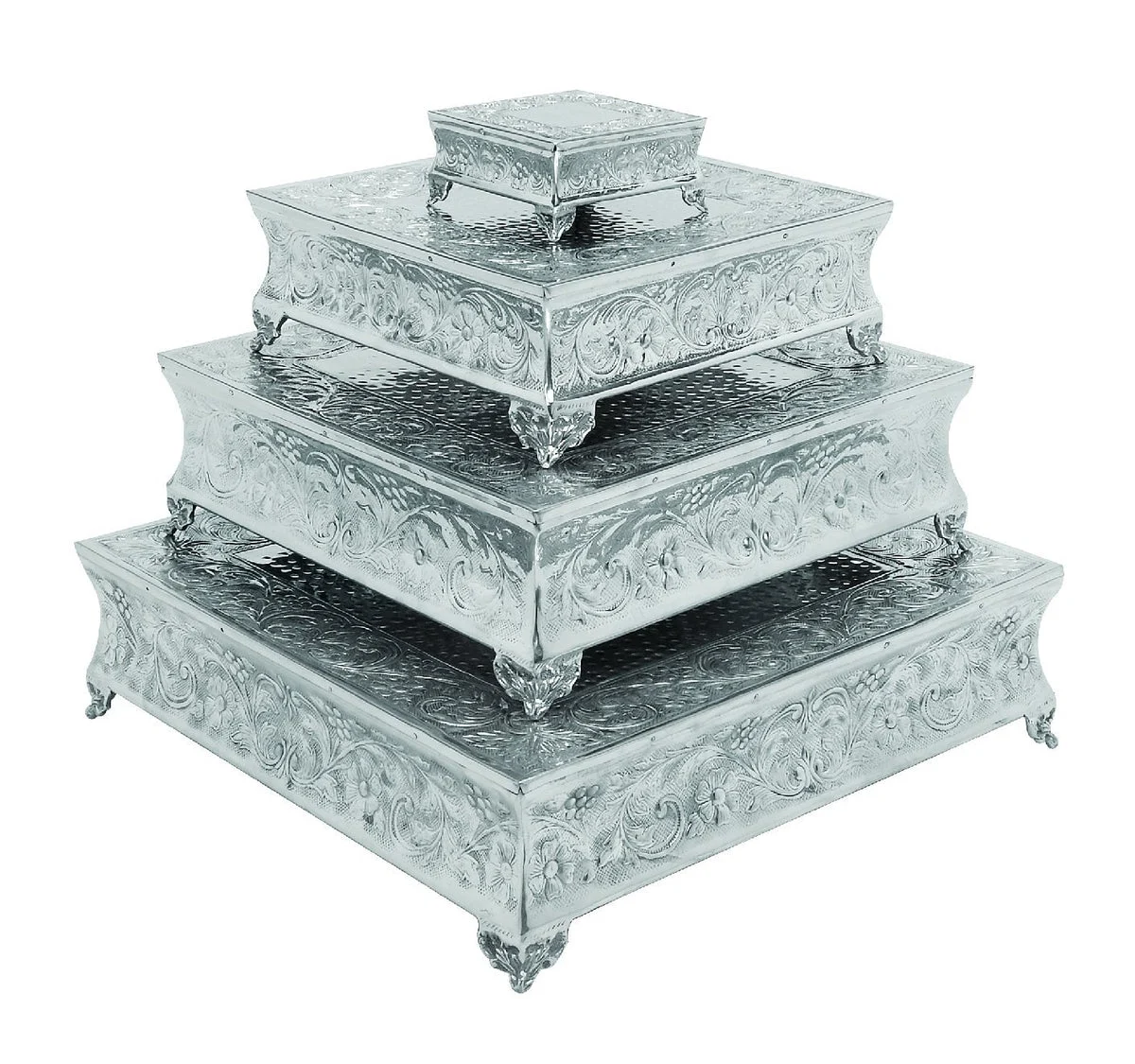 Benzara Square Aluminum Cake Stand with Classic Embossed Details, Set of 4, Silver