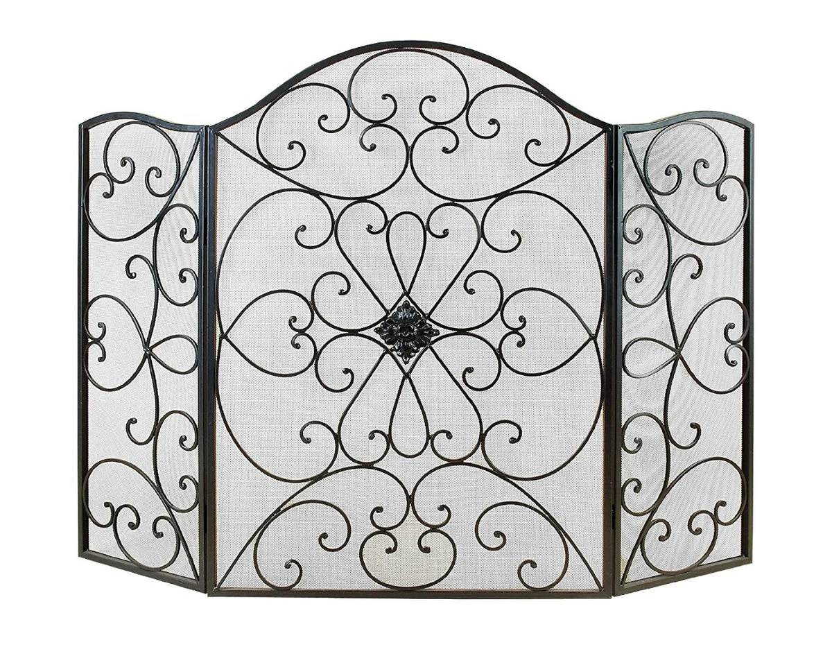 Benzara Scroll Patterned 3 Panel Metal Fireplace Screen With Double Bar, Black