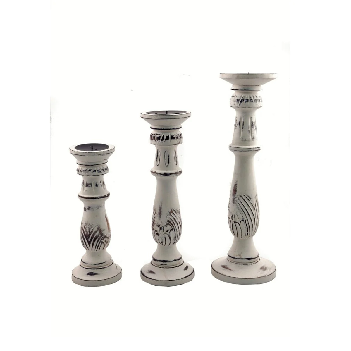 Benzara BM03596 Distressed Mango Wood Pillar Shaped Candle holder, Set of 3, White