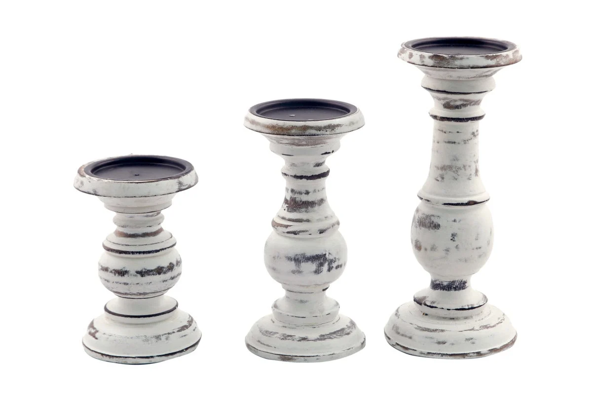Benzara BM03604 Turned Design Wooden Candle Holder with Distressed Details, Set of 3, White
