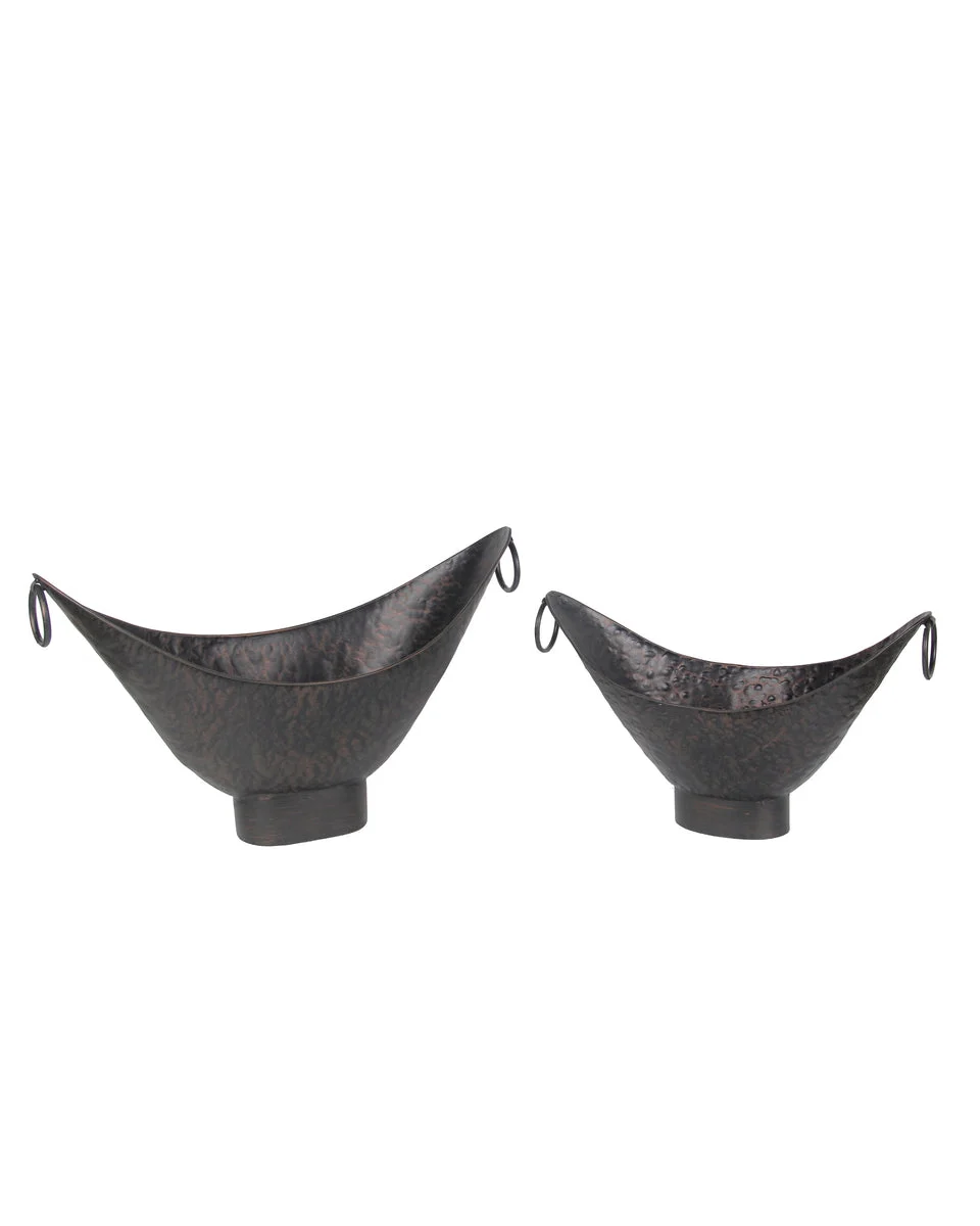 Benzara Oval Metal Planter with Hammered Details and Ring Handles, Set of 2, Bronze