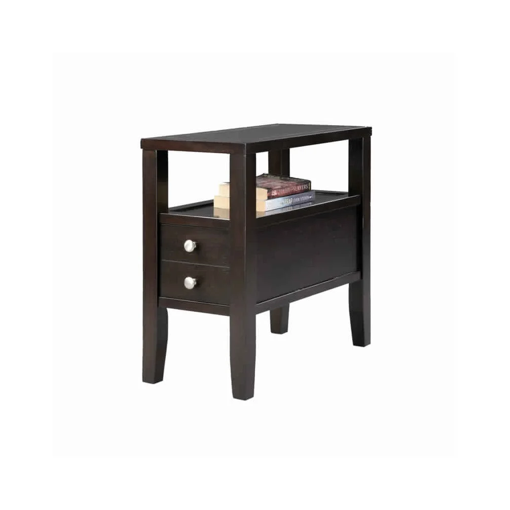 Benzara Wooden End Table with Upper Shelf and 2 Drawers, Dark Brown