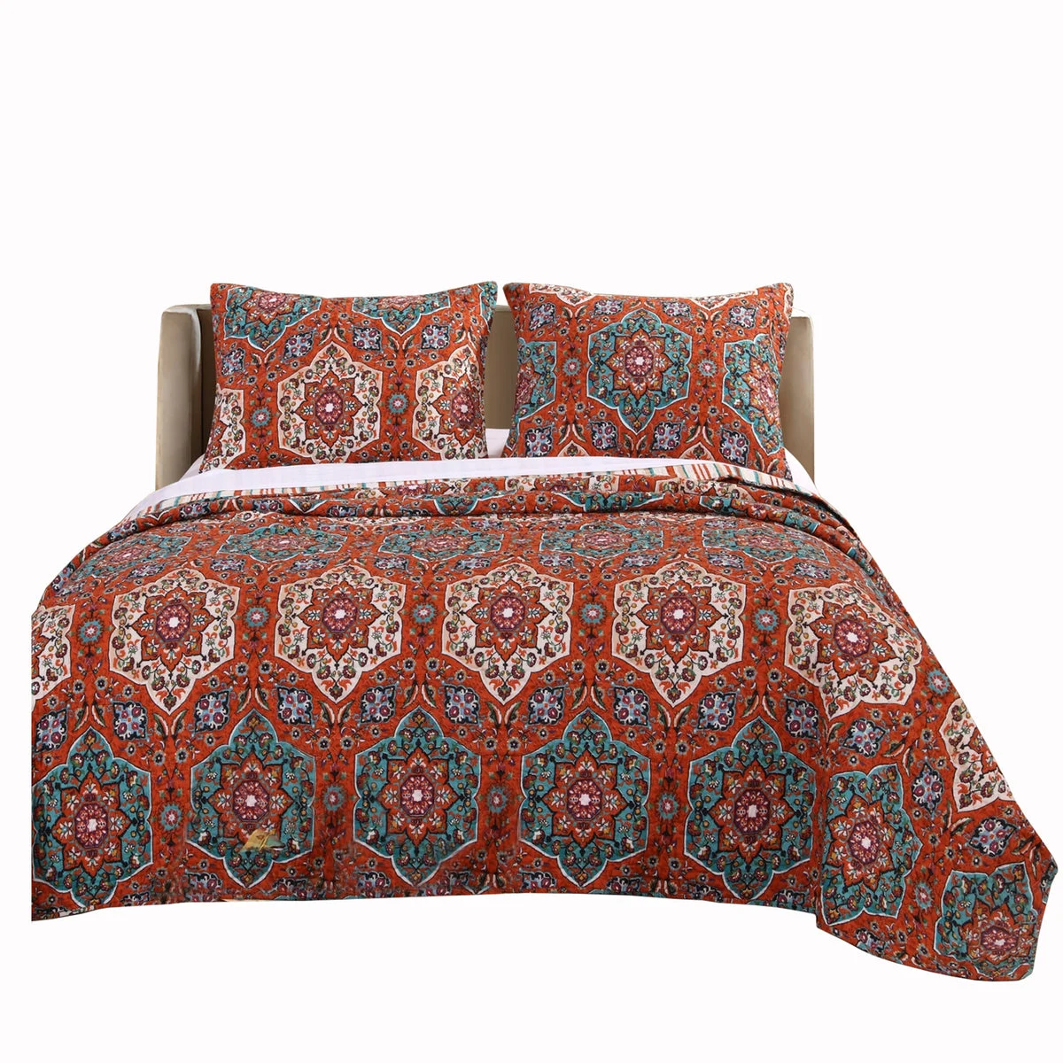 Benzara BM116966 Medallion and Floral Motif Print Polyester Full Quilt Set, Red