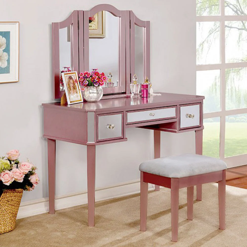 Benzara Clarisse Contemporary Vanity With Stool, Rose Gold