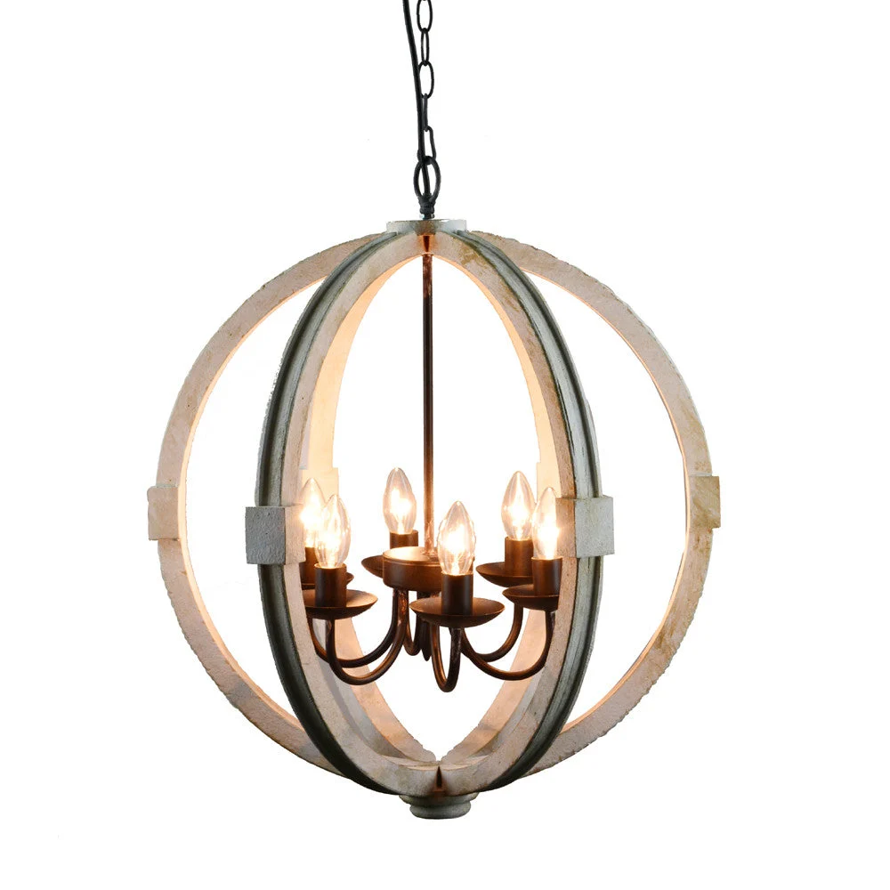 Benzara Calder Wooden Orb Shape Chandelier with Metal Chain and Six Bulb Holders, White