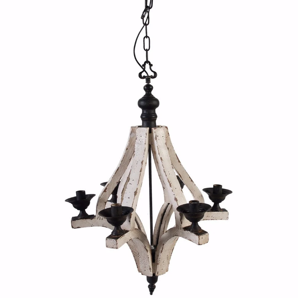 Benzara Solid 6 Light Washed Wood Chandelier, White and Black