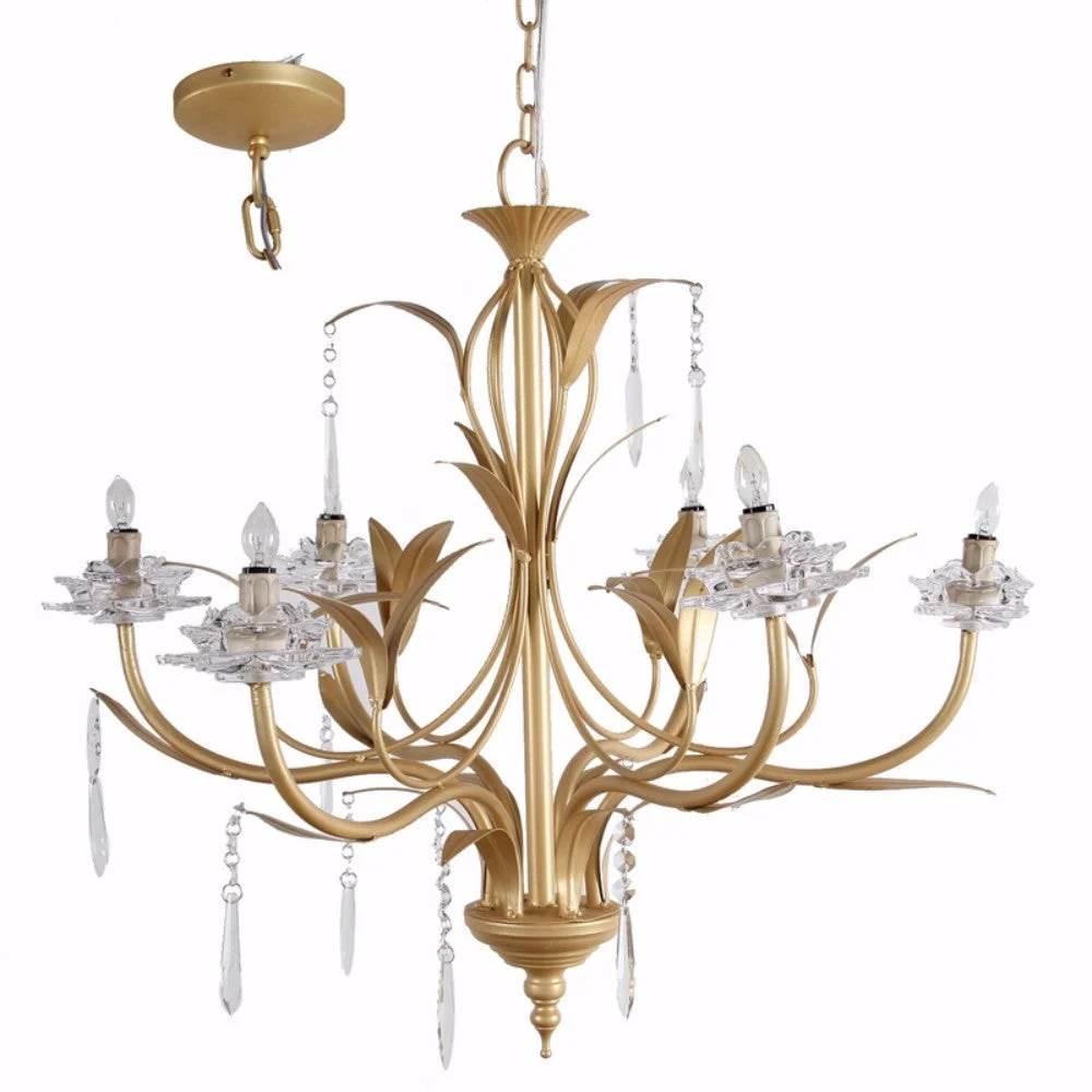Benzara Glamorous Nature Inspired 6 Light Chandelier, Gold and Clear