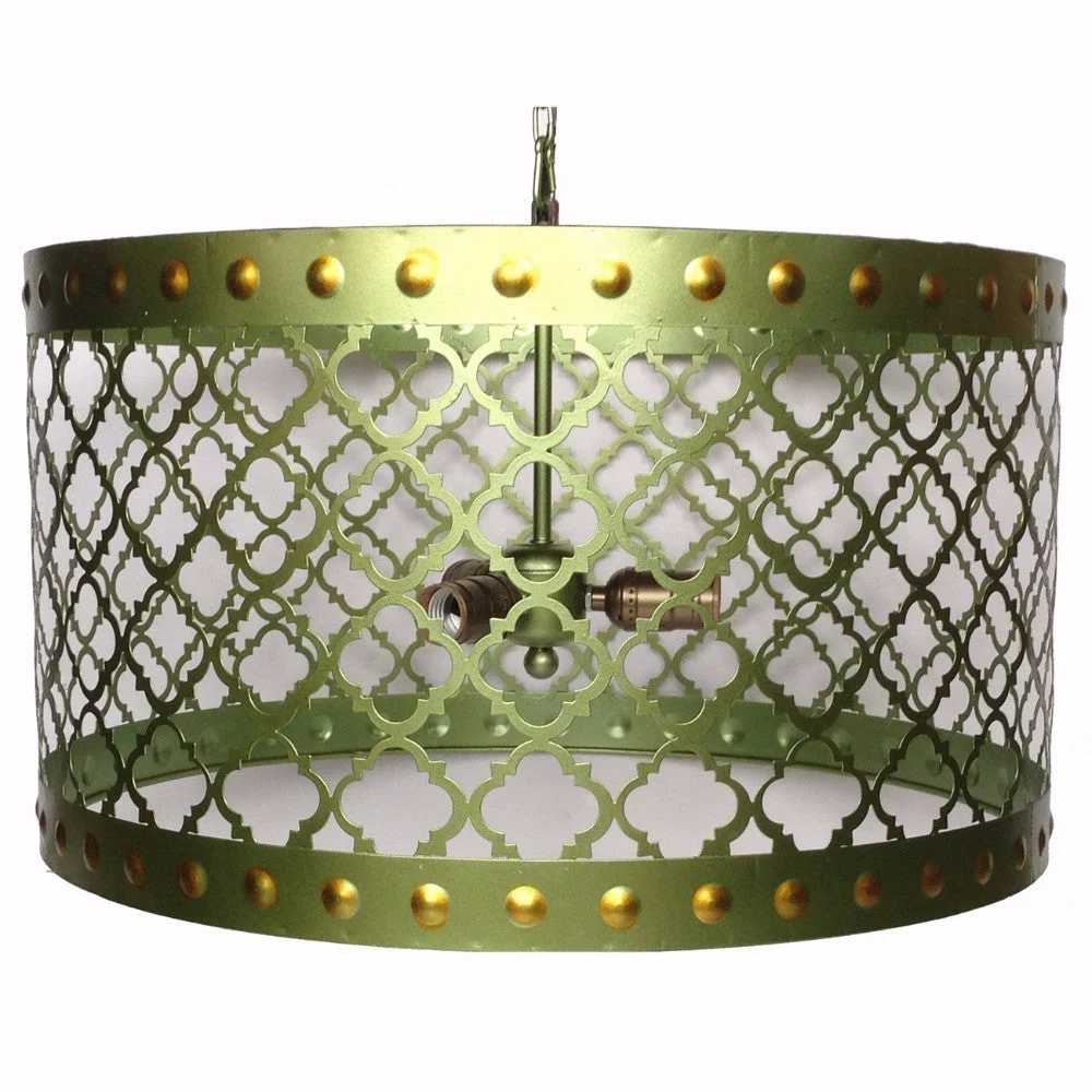 Benzara Elegant Drum Shaped Metal Chandelier With Bulb Holders, Green