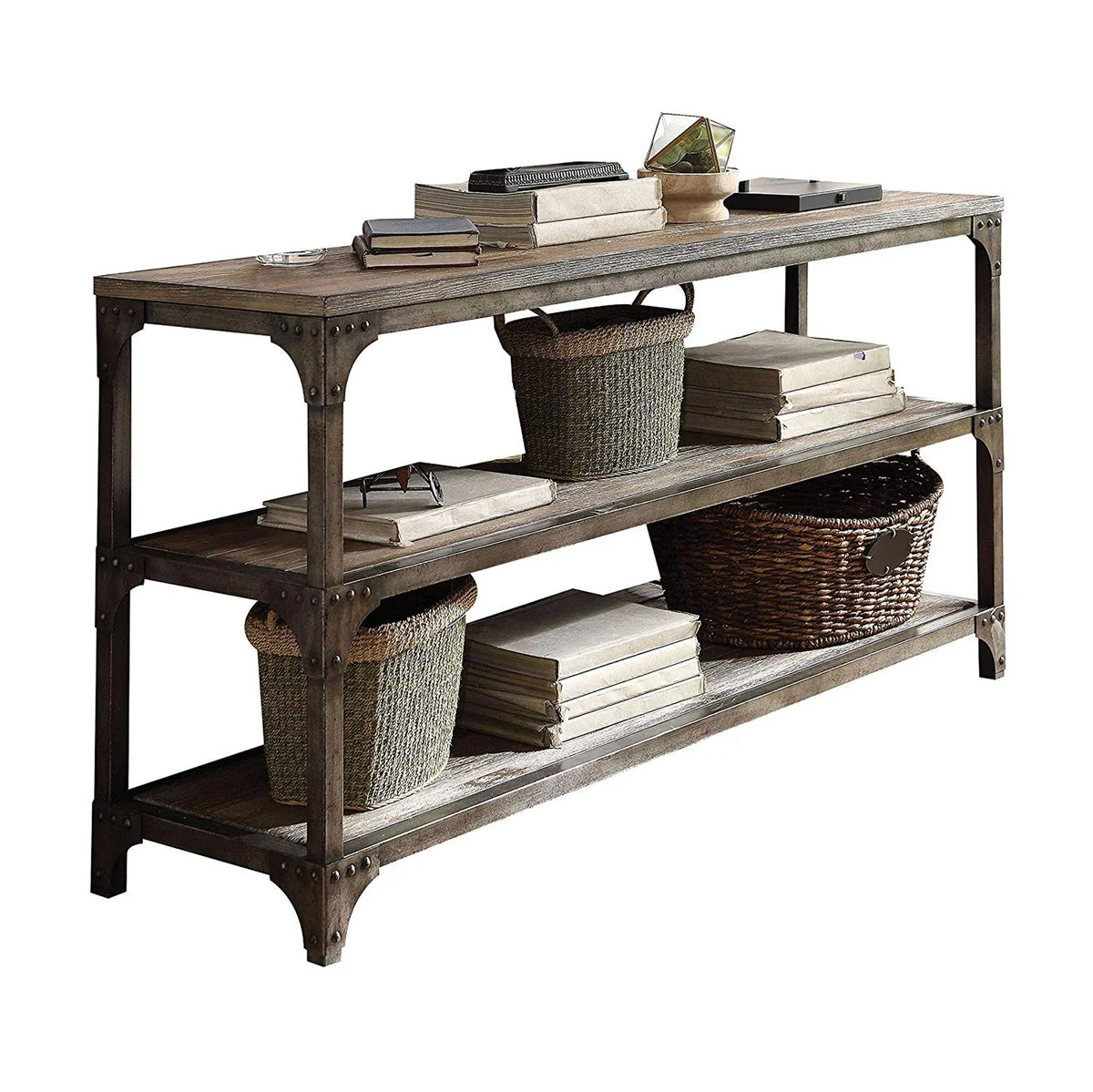 Benzara Gorden Console Table With 2 Shelves, Weathered Oak & Antique Silver