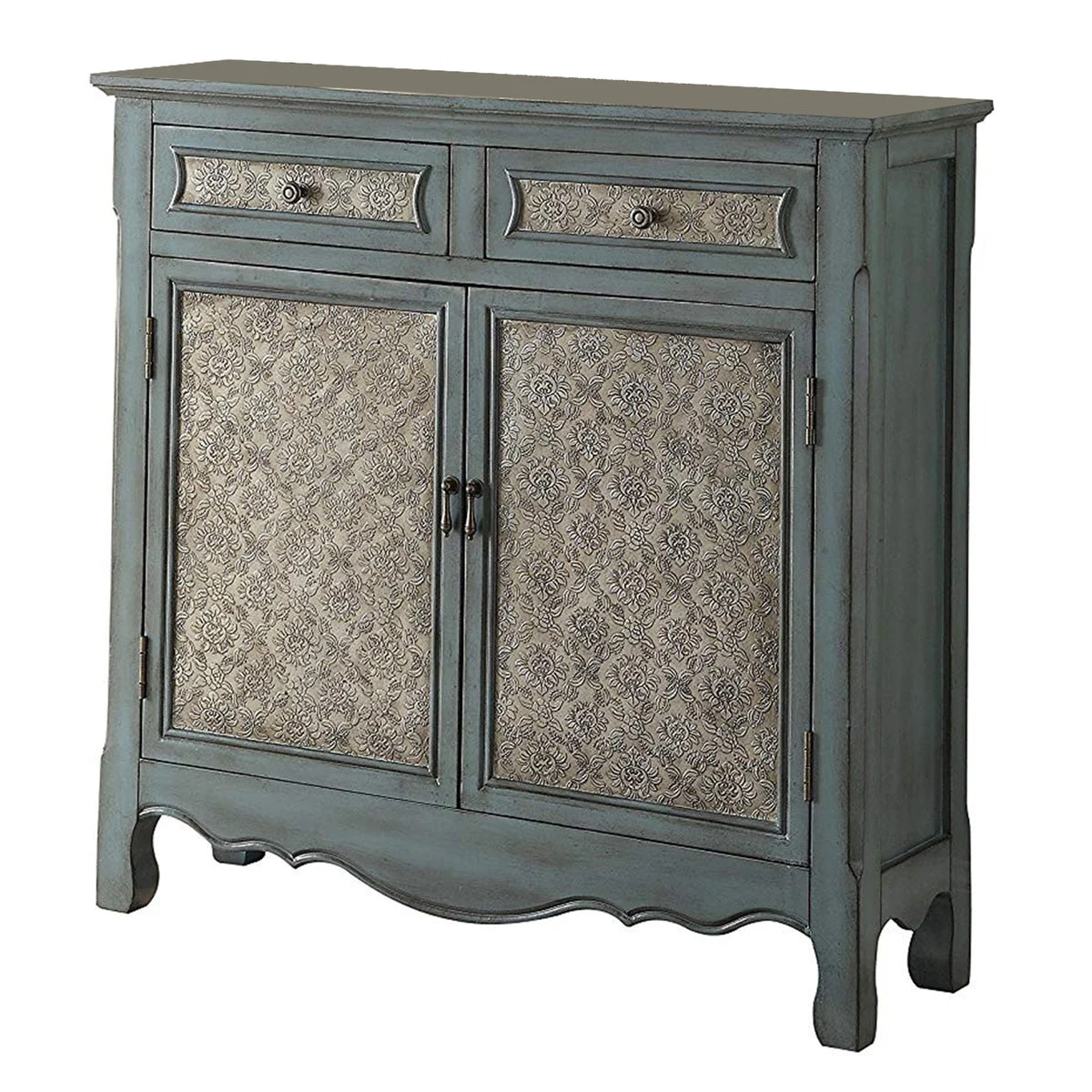Benzara 2 Door Cabinet Wooden Console Table with Scalloped Apron, Distressed Blue