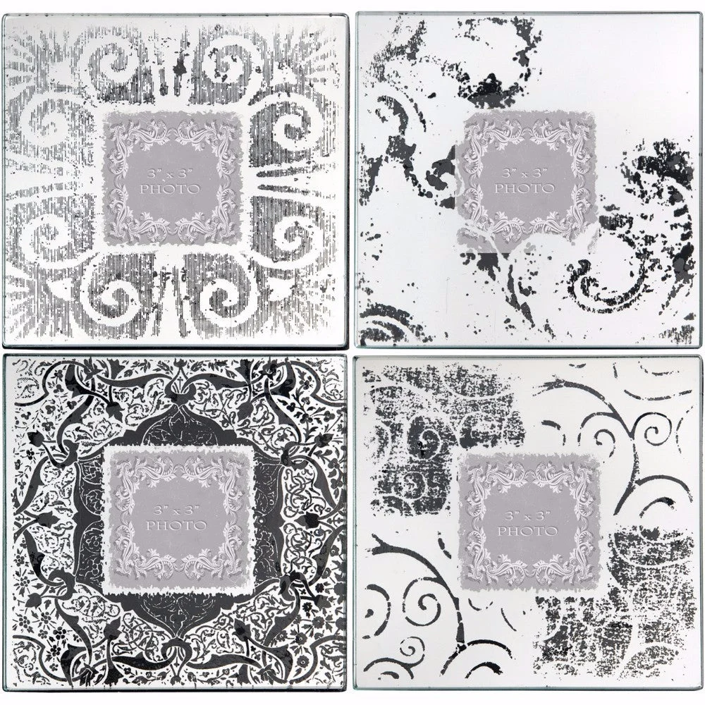 Benzara Wood & Glass Old Style Photo Frames, White and black, Set of 4