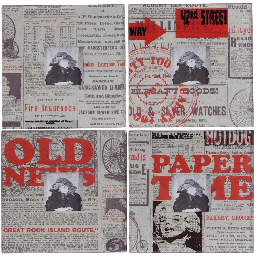 Benzara Newspaper Themed Photo Frames, Multicolor, Set of 4