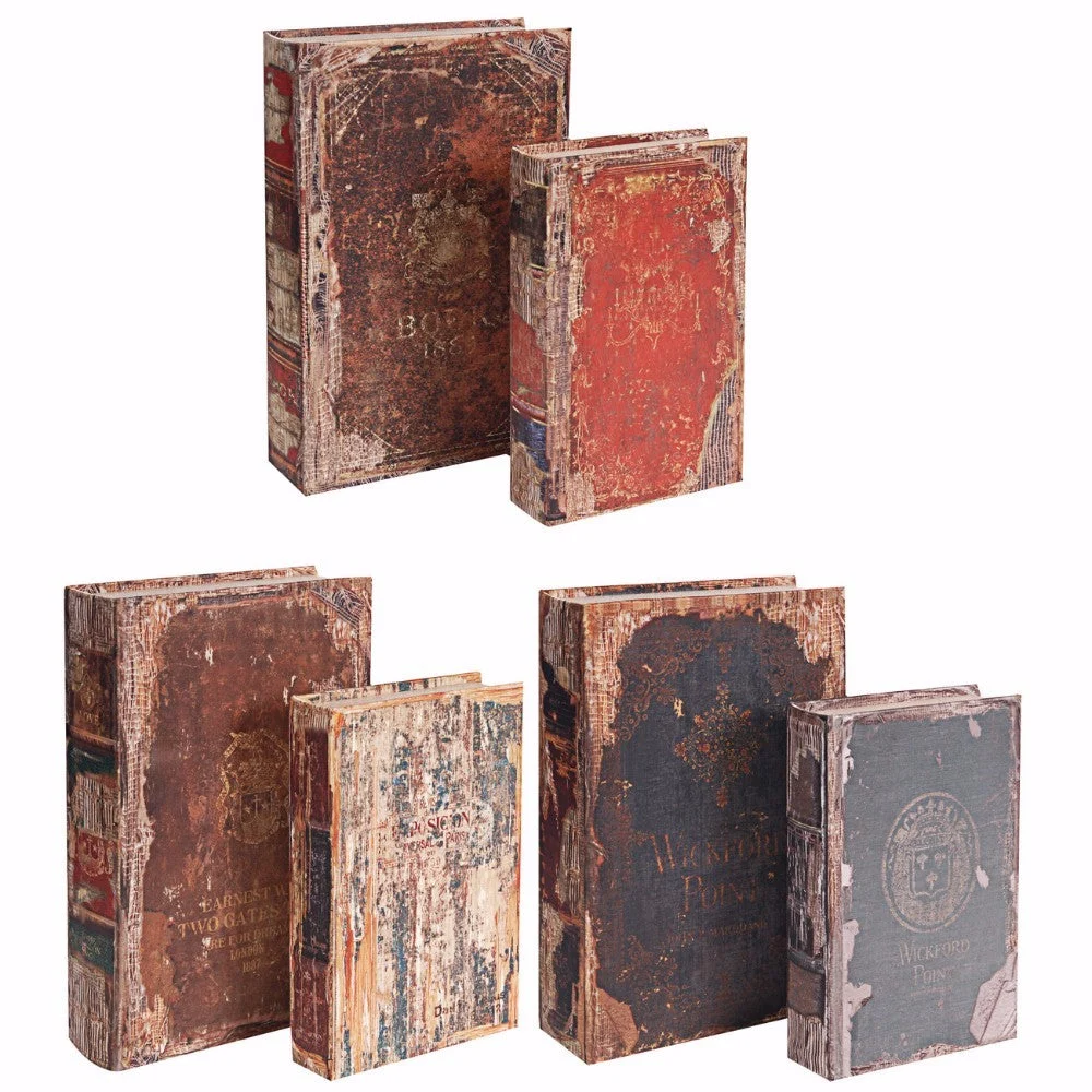 Benzara Set of 6 Antique Distressed Book Boxes, Multicolor, 3 Assortment