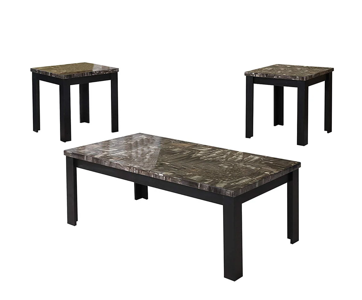 Benzara 1 Coffee Table and 2 End Table Set with Faux Marble Top, Black