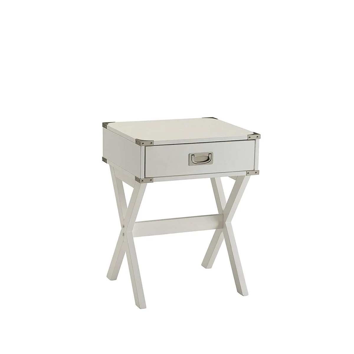 Benzara 1 Drawer Wooden End Table with X Shaped Legs and Metal Brackets, White