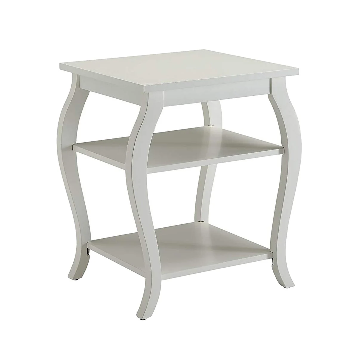 Benzara Wooden End Table with 2 Open Shelves and Cabriole Legs, White