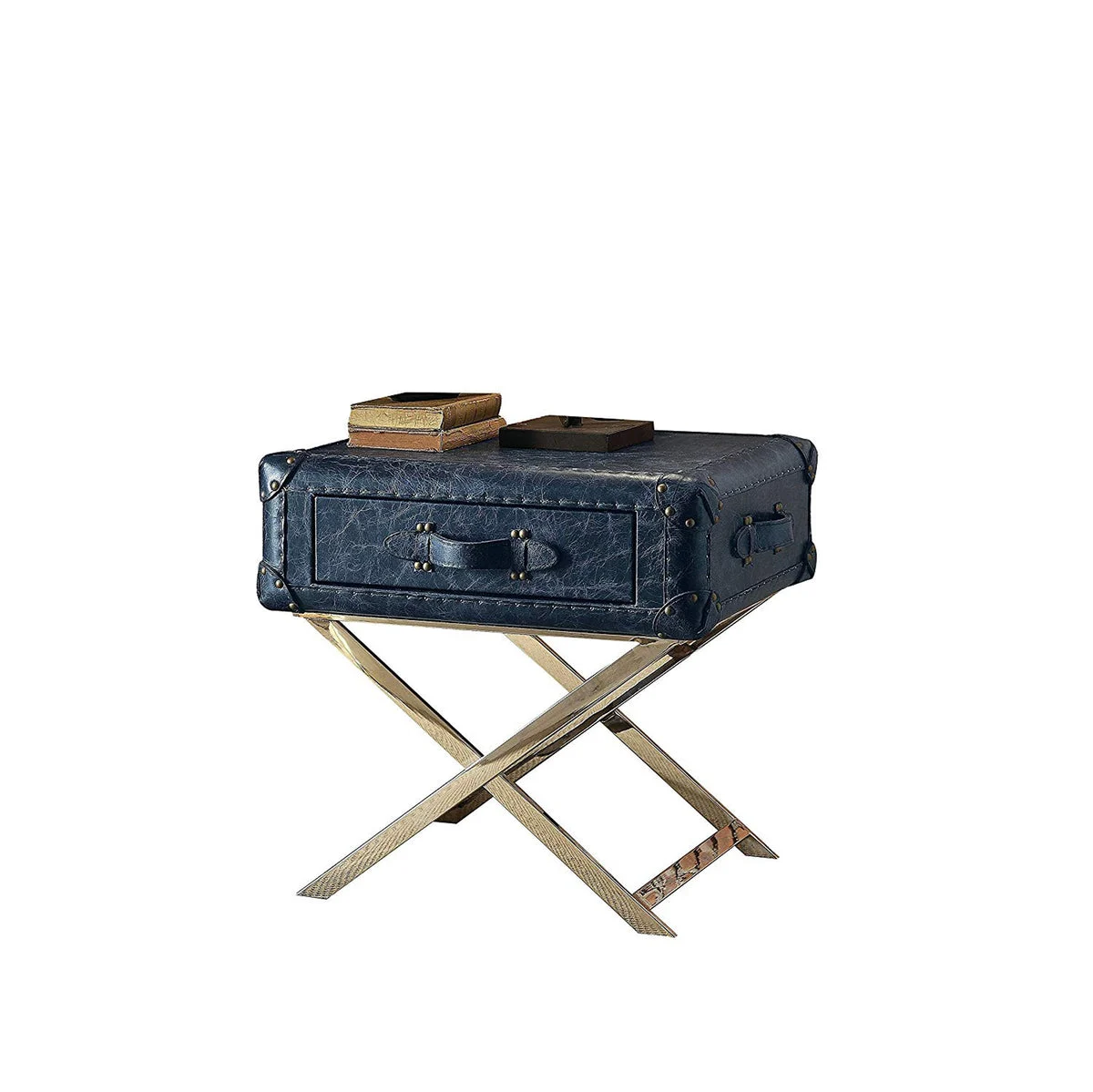 Benzara Aberdeen End Table, Vintage Blue Top Grain Leather