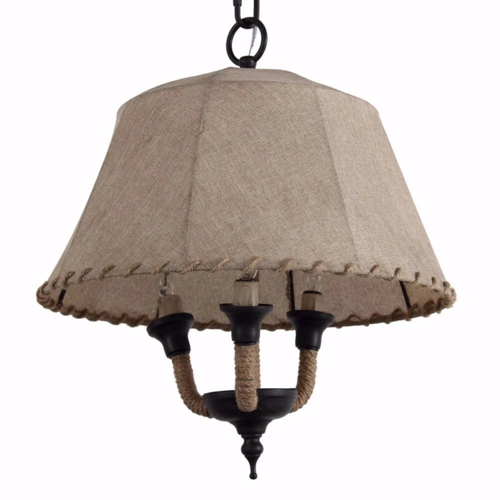 Benzara Lamp Shade Style Metal and Rope Chandelier, Brown
