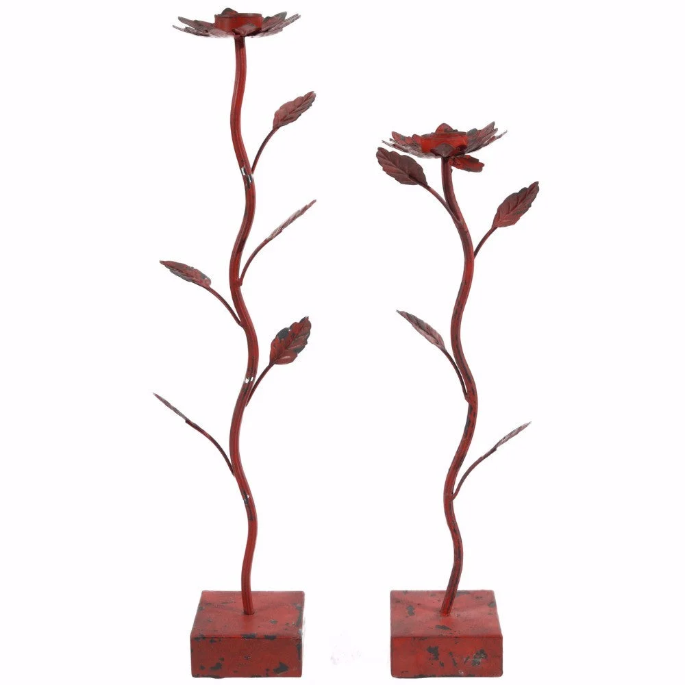 Benzara Amazing Flower Candle Holders, Set of 2, Red